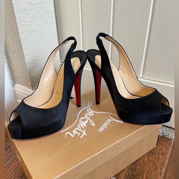 Christian Louboutin Black Crepe Satin Peep-toe platform slingbacks 35.5 - Picture 1 of 7